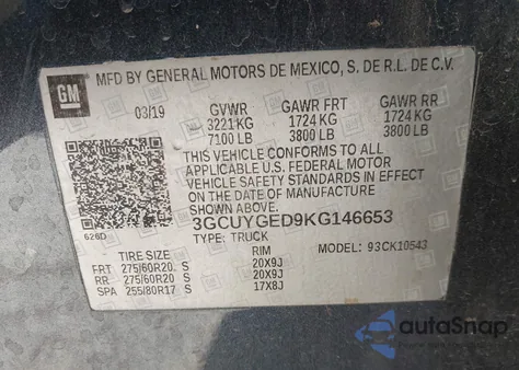 2019 Chevrolet Silverado 1500 Ltz из США, поврежденный, VIN 3GCUYGED9KG146653